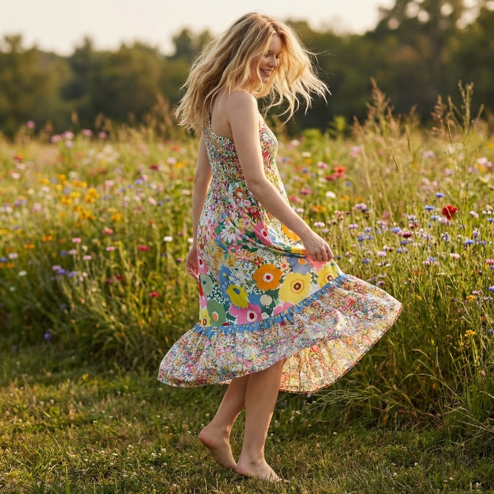 Anthropologie Sarah Campbell Floral Patchwork One Shoulder Midi Dress Size Large
